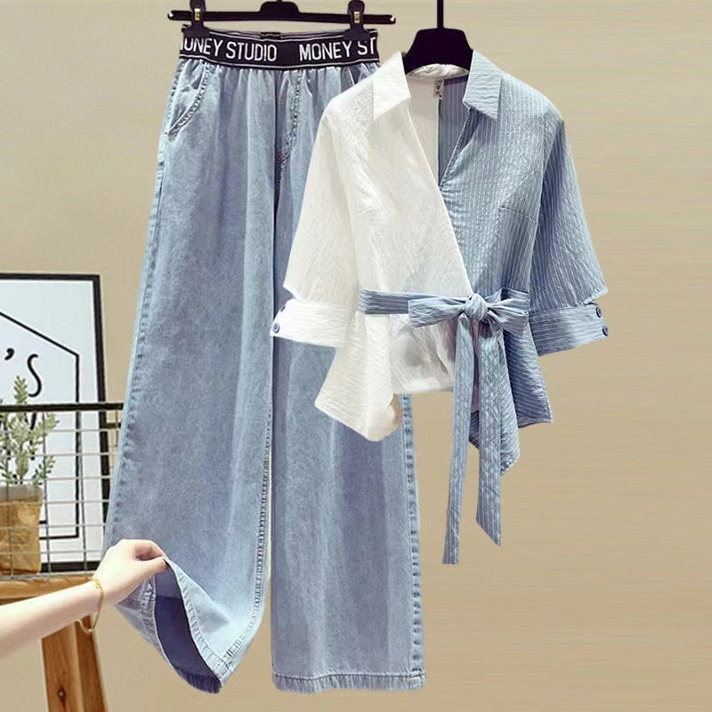 Dame To-delt Sett med løstsittende, stripete topp og vide jeans-bukser Skjora