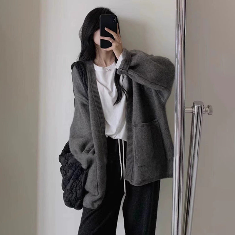 Damer Cozy Strikket Cardigan med Dyp V-Hals og Lommer