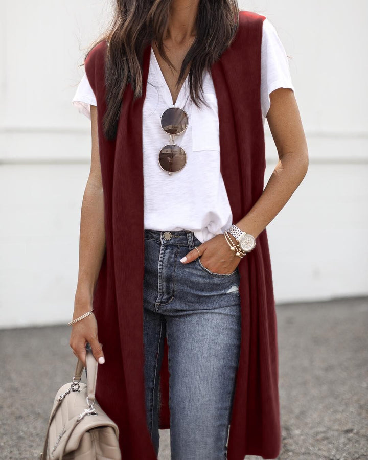 Dames Elegant Lang Strikket Vest i Uformell Stil