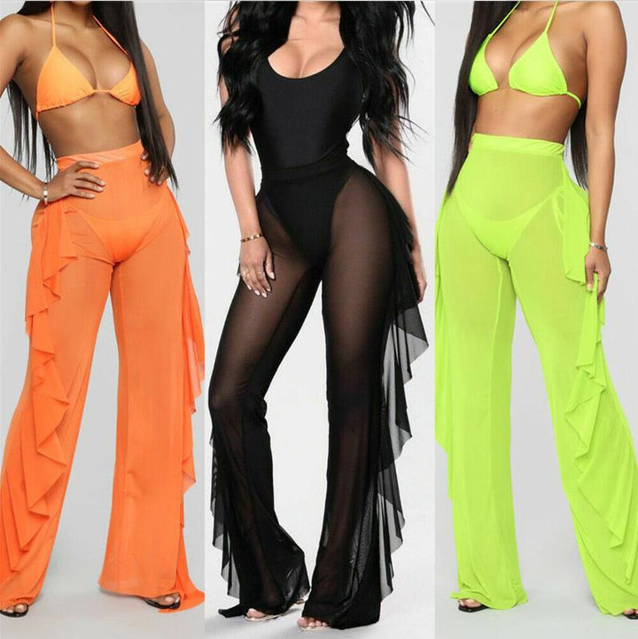 Damen transparente Strandhose mit asymmetrischem Rüschenbesatz Skjora