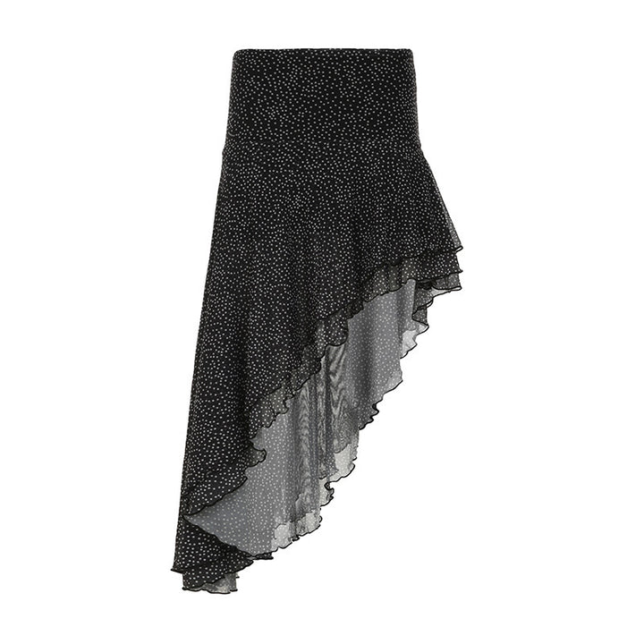 Dame asymmetrisk volang skjørt med transparente aksenter Skjora