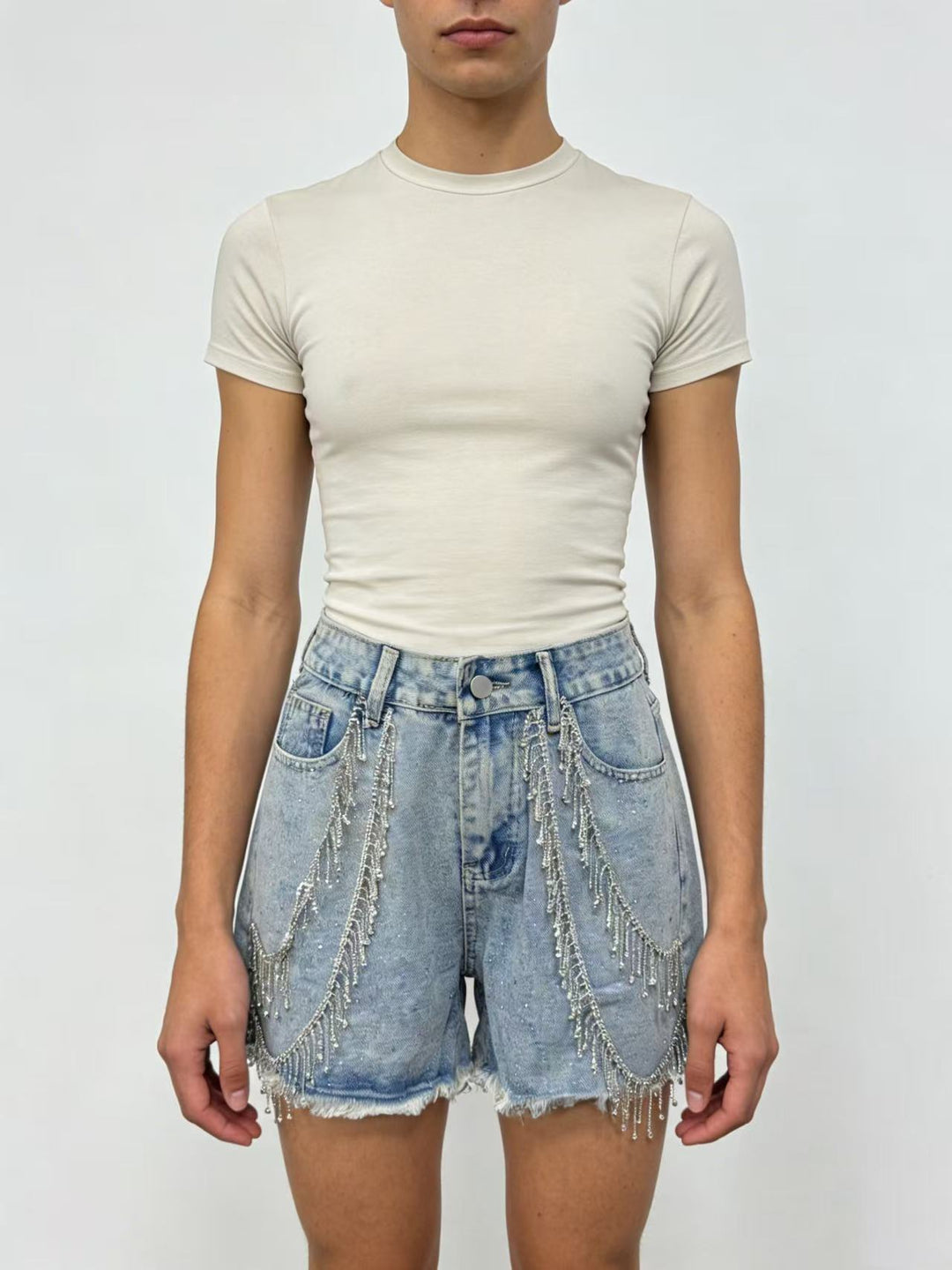 Dame Designer Denim-Shorts med trendy kjede dekorasjoner Skjora