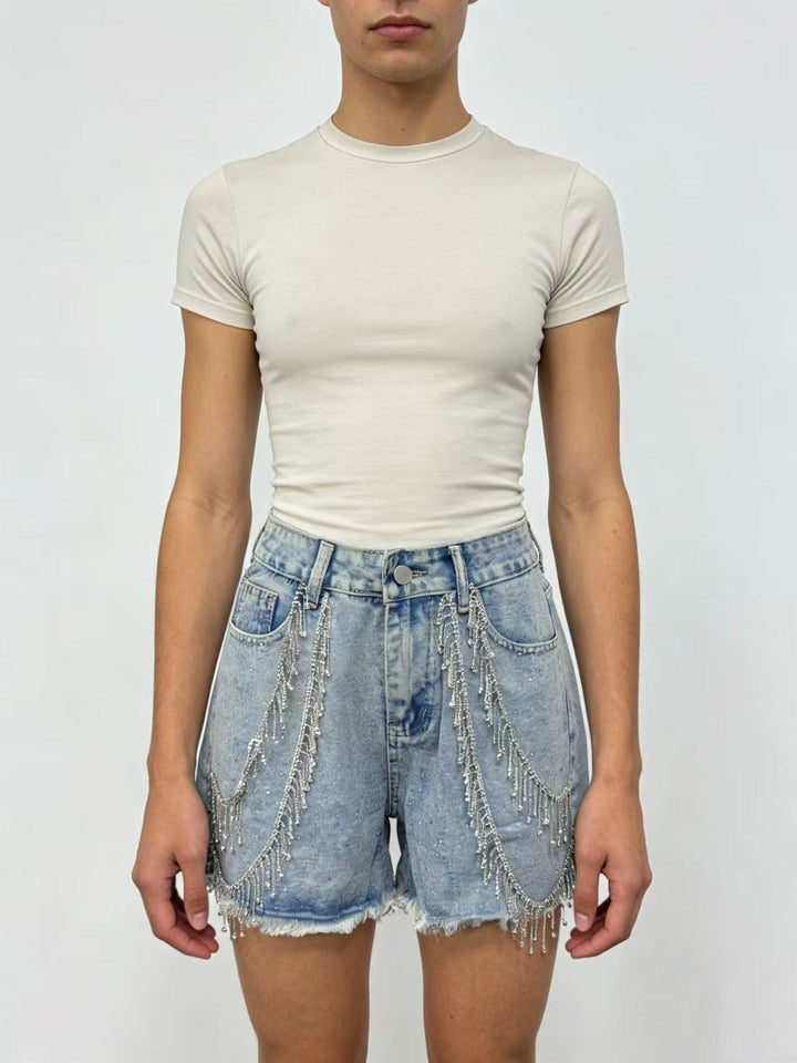 Dame Designer Denim-Shorts med trendy kjede dekorasjoner Skjora