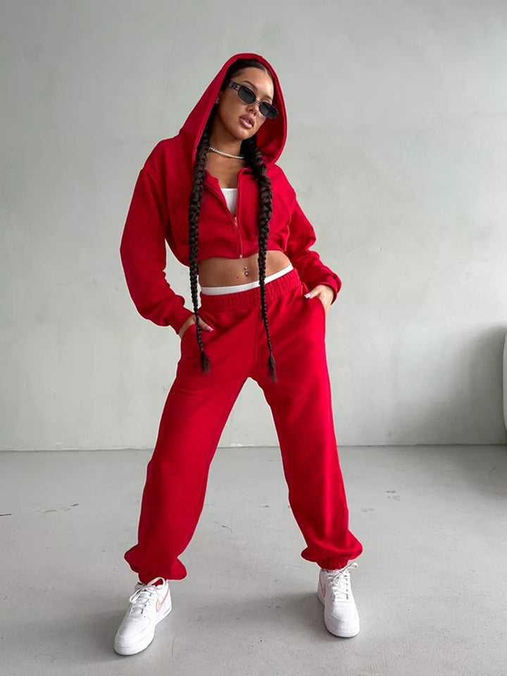 Kvinner Sporty Cropped Jakke og Bukse Sett Skjora