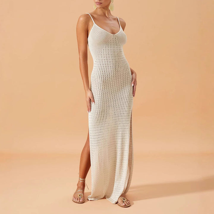 Damen Elegantes Maxikleid mit tiefem V-Ausschnitt und seitlichen Schlitzen Skjora