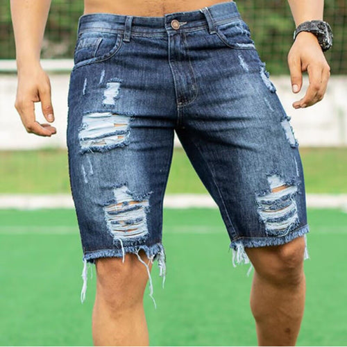 Herrer ødelagte denim-shorts med uregelmessig søm og trendy rifte detaljer Skjora