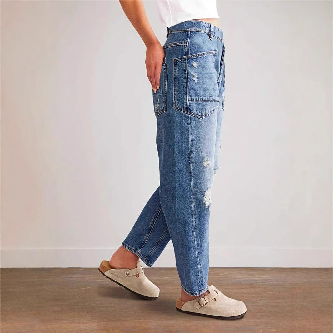 Kvinne brede jeans med kreative lommer og ødelagte detaljer Skjora
