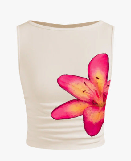 Dame ermeløs Crop-Top med blomstermotiv og tettsittende snitt Skjora
