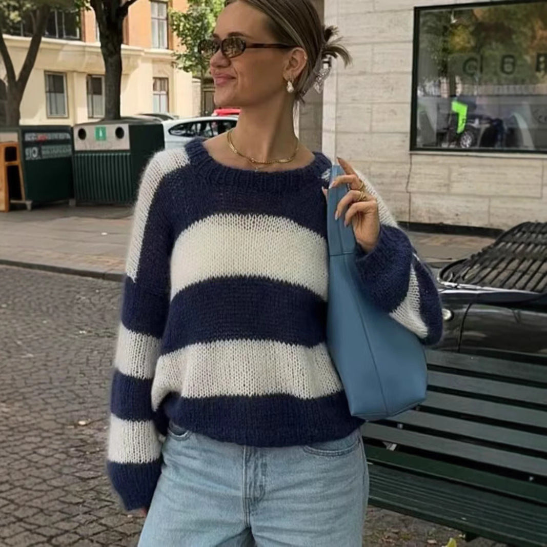 Dame stripete strikkegenser med rund hals Skjora