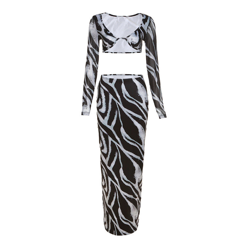Damer Elegant stripete Crop-Top og Maxi-Skjørt Sett Skjora