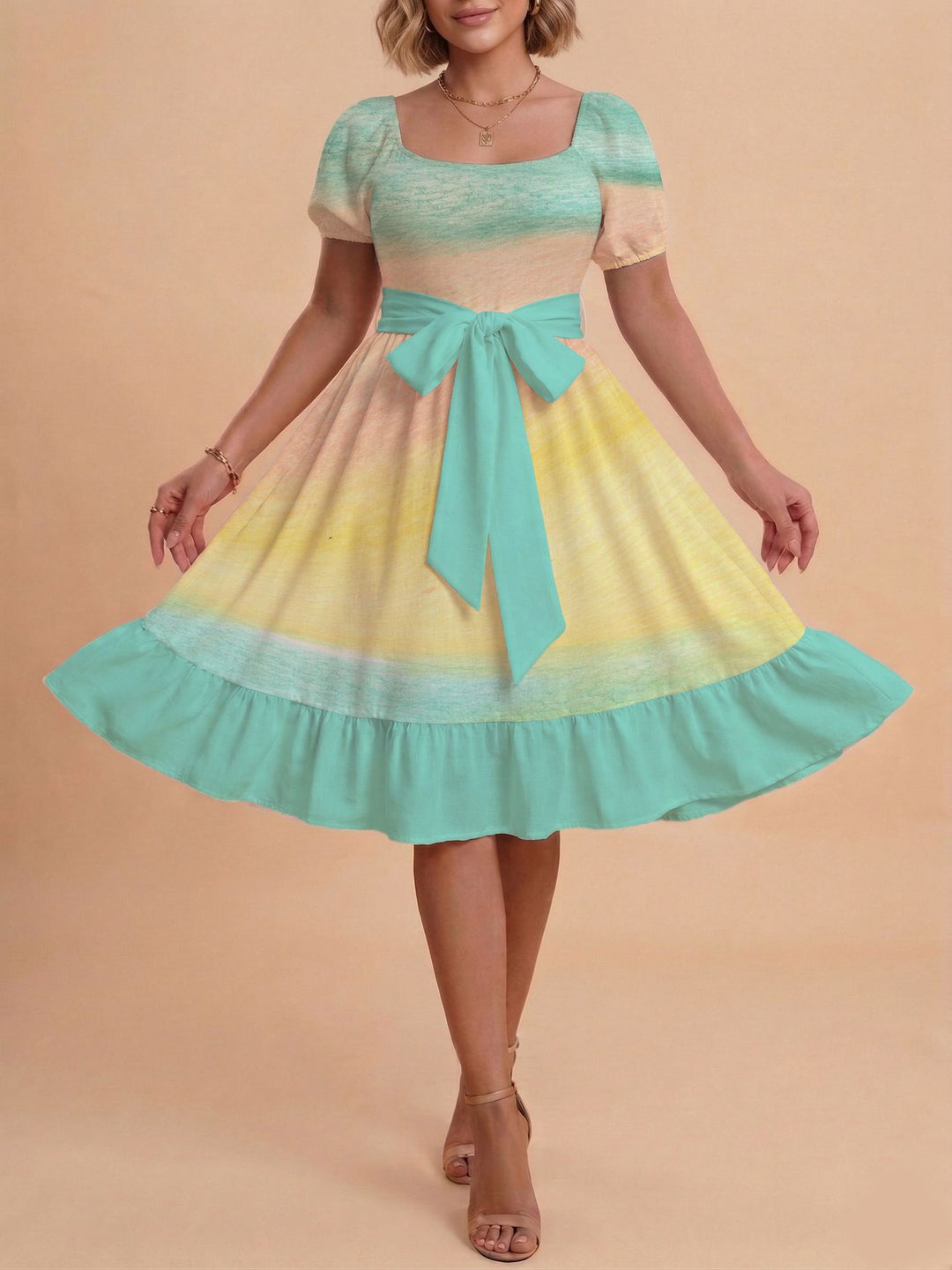 Damen Retro Maxikleid mit Puffärmeln und Taillengürtel Skjora
