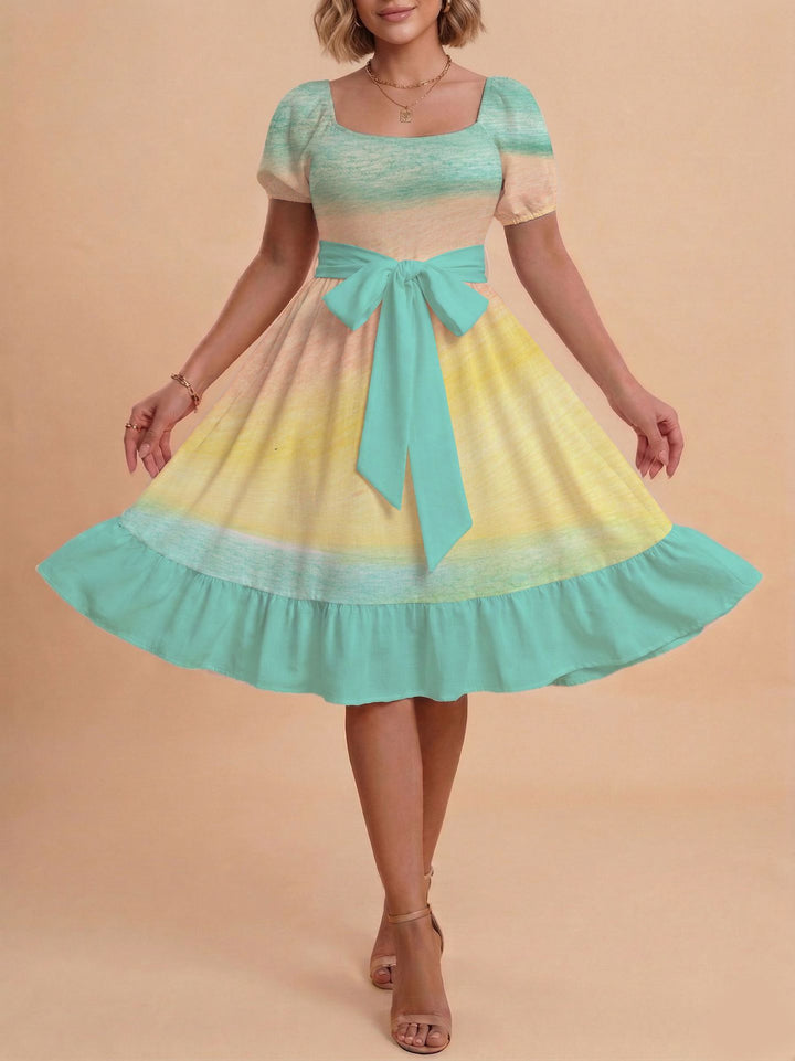 Damen Retro Maxikleid mit Puffärmeln und Taillengürtel Skjora