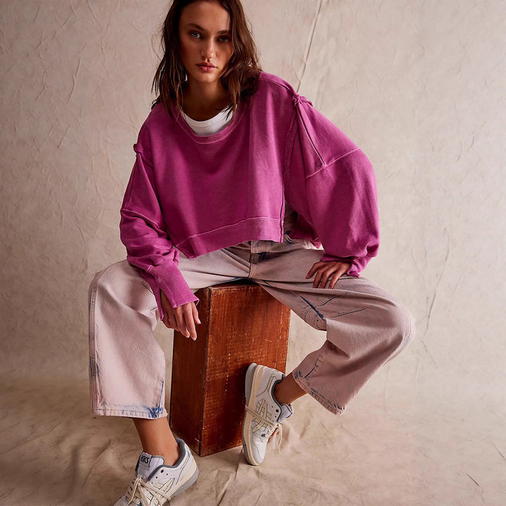 Damer casual avkortet sweatshirt med brede ermer og forseggjorte hemfinsher Skjora