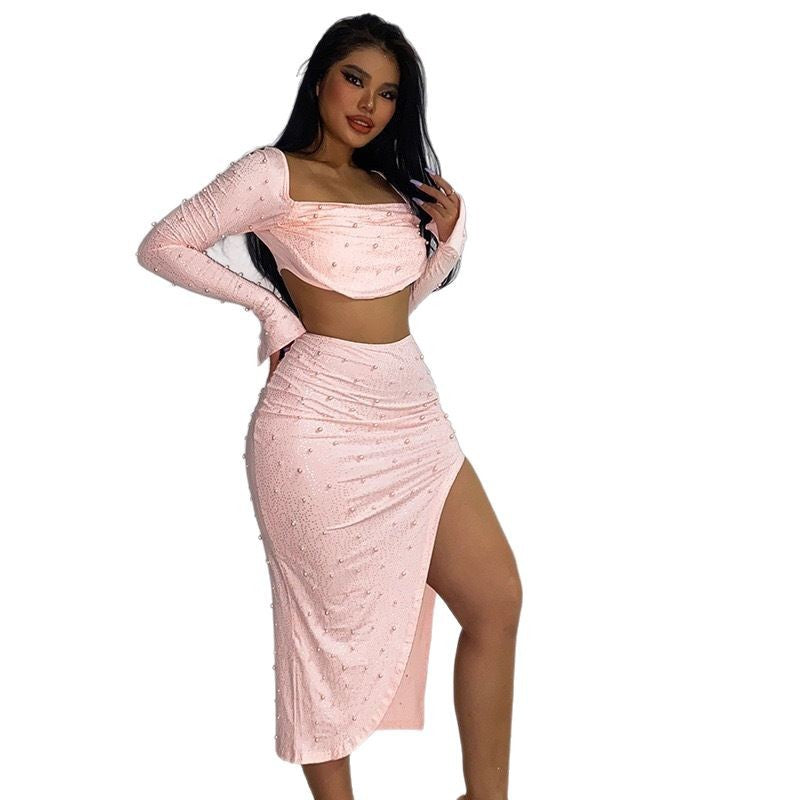 Dame Elegant Crop-Topp med lange, transparente ermer og glitrende akenter Skjora