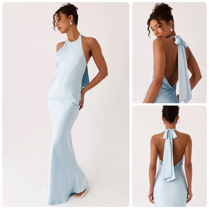 Kvinne Elegant Kveldsdrakt med Chic Halter Design og Flytende Stoff