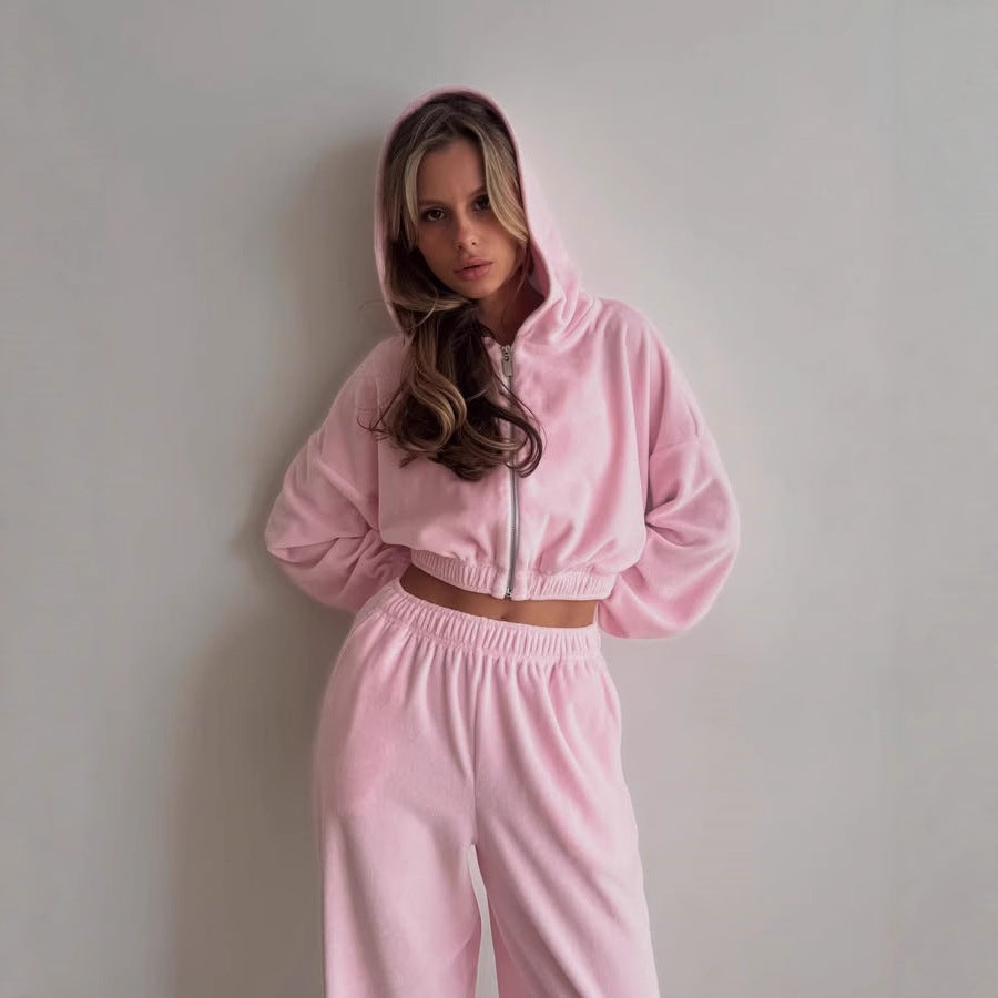 Kvinnes sporty fleece-sett med glidelås og elastisk midjebelt