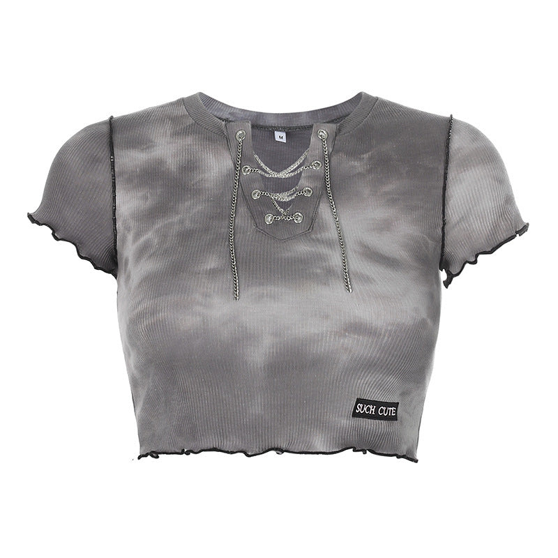 Dame cropped topp med moderne snøringdesign og avslappet kant Skjora