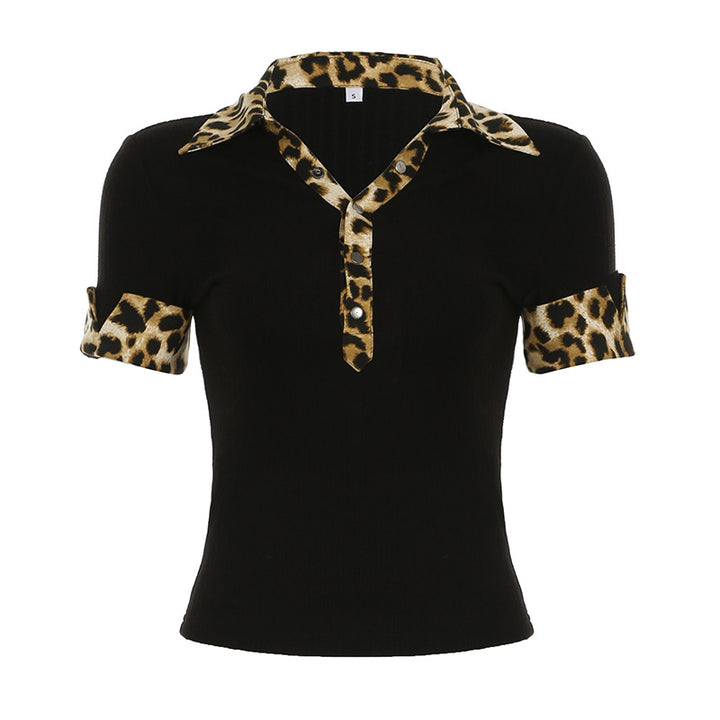 Dame polo skjorte med leopardmønster-detaljer Skjora