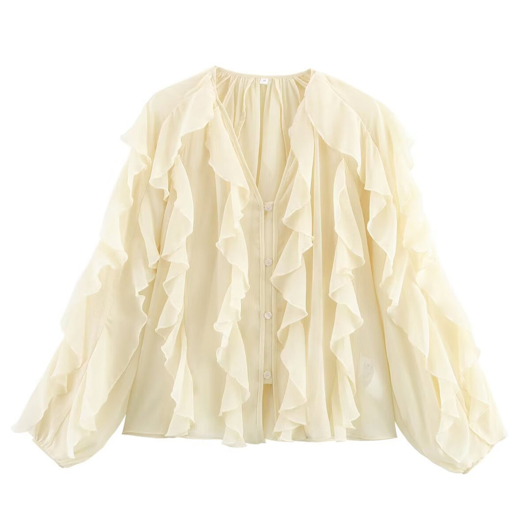 Kvinnes Elegant Volang Bluse med Voluminøse Ermer Skjora