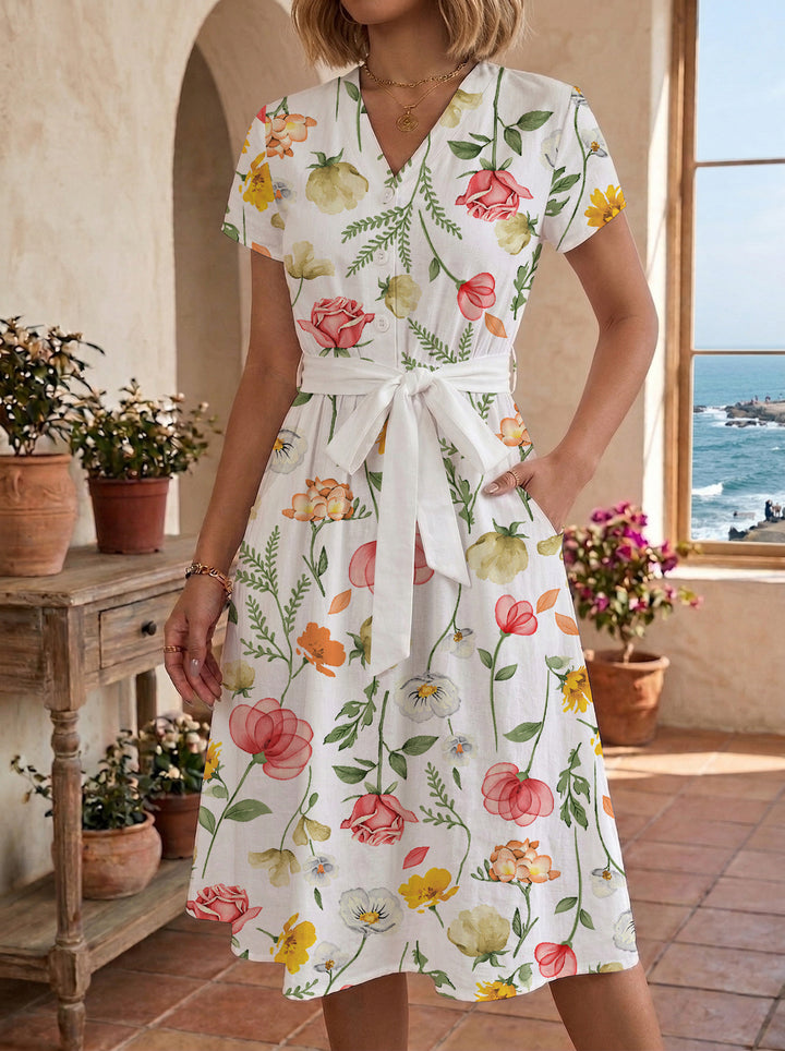 Damen Midikleid mit floralem Muster und Taillengürtel Skjora