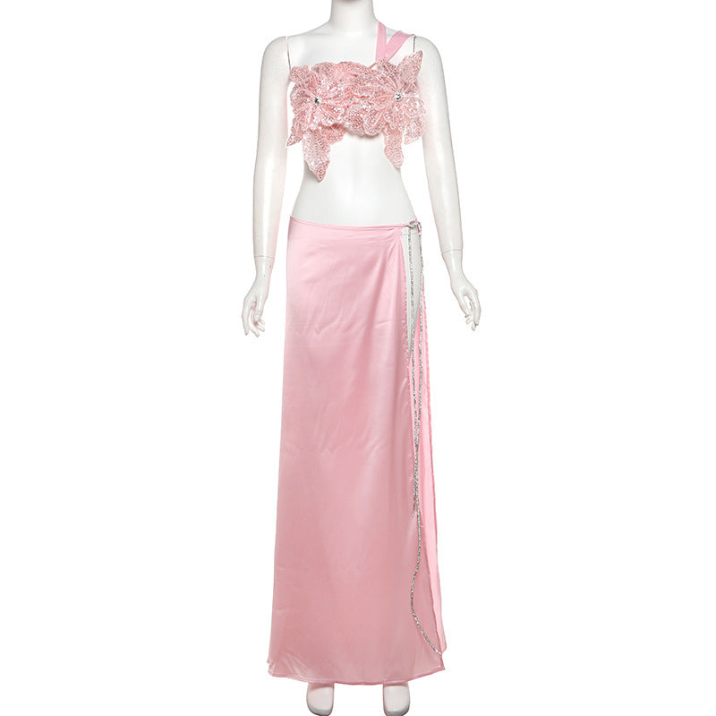 Damen Elegantes Abendkleid mit floralen Applikationen und schwingendem Tüllrock Skjora