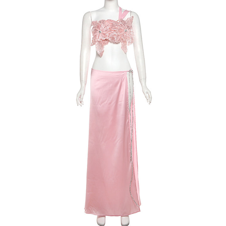 Damen Elegantes Abendkleid mit floralen Applikationen und schwingendem Tüllrock Skjora