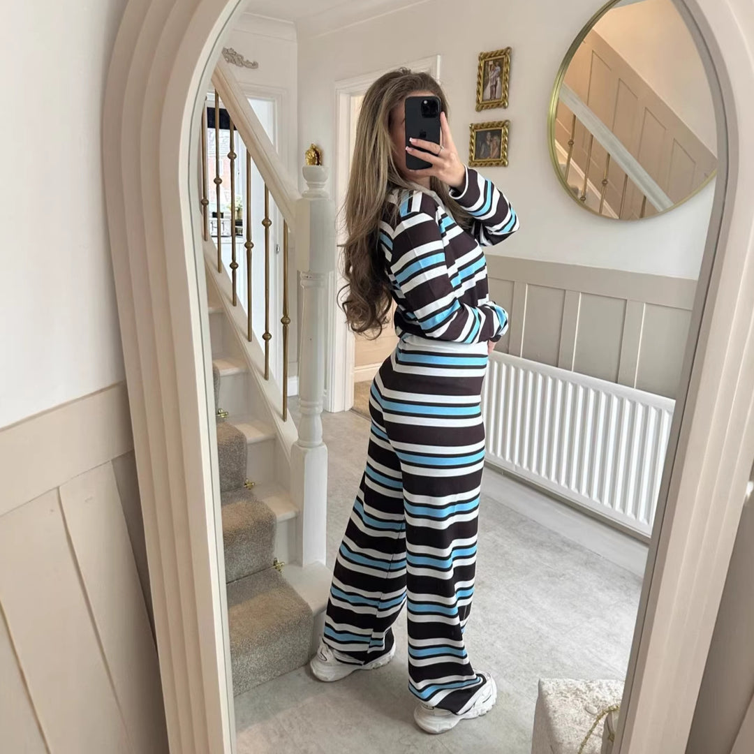 Kvinne stripete loungewear sett med høy midje og klassisk krage Skjora