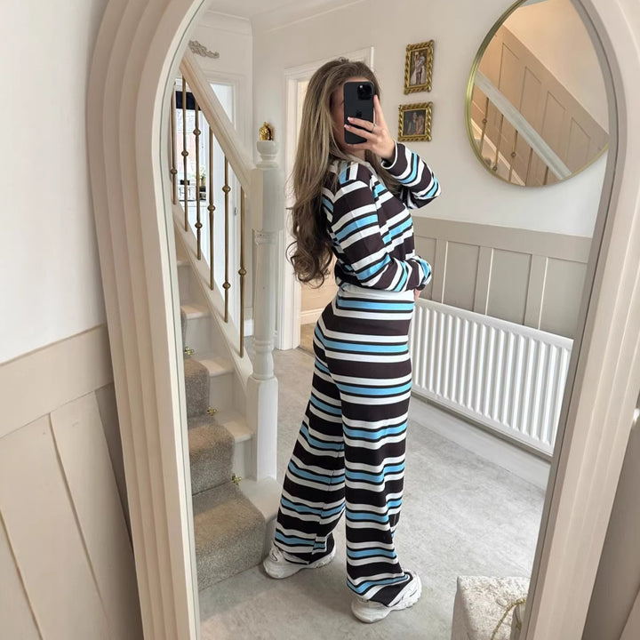 Kvinne stripete loungewear sett med høy midje og klassisk krage Skjora