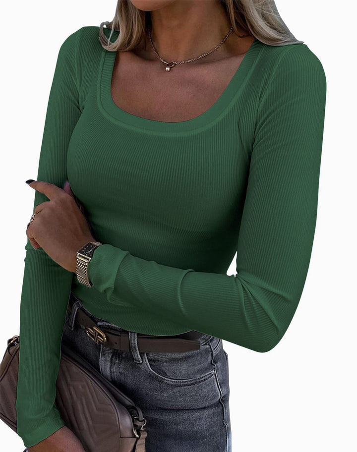 Dame Langerm Ribbe-T-skjorte med elegant U-båt-utringning Skjora