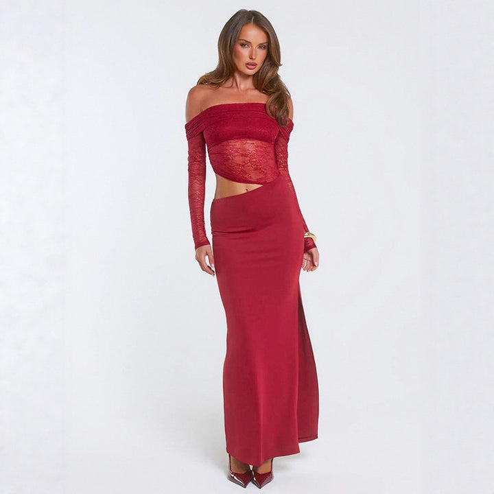 Dame elegant Off-Shoulder maxikjole med asymmetrisk snitt og gjennomsiktig spiss Skjora