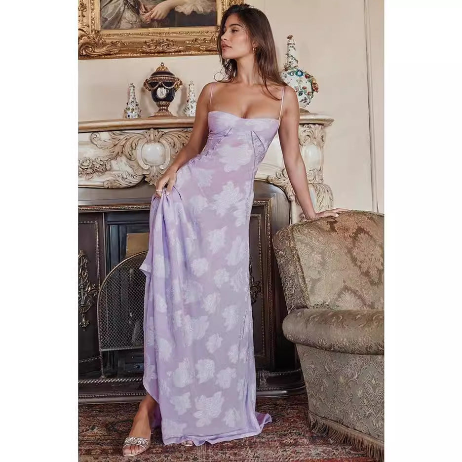 Dame Maxi Cocktailkjole med Blomstrete Chiffon og Slanke Spagetti Stropper