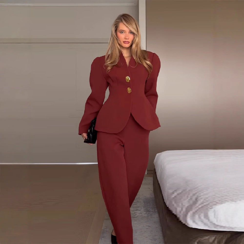 Women's Elegant Blazer and Pants Set with Gold Buttons Skjora