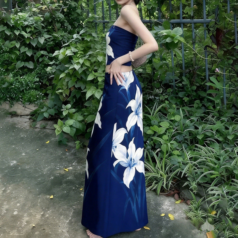 Dame Elegant Maxi Kjole med blomstret design og taillering Skjora