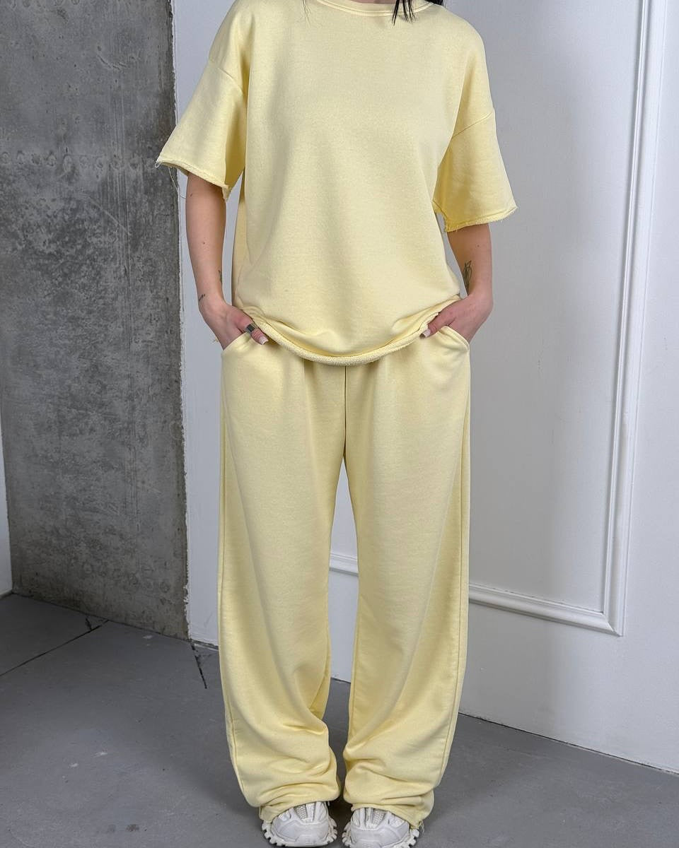 Dame casual relaxed-fit topp og brede bukser sett med praktiske sidelommer