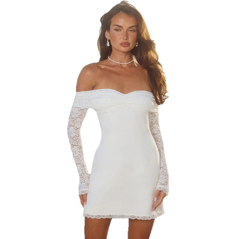 Dame Off-Shoulder Minikjole med gjennomsiktige spissærmer og bedårende snitt Skjora