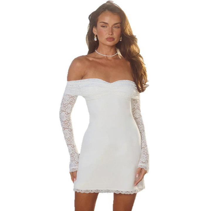 Dame Off-Shoulder Minikjole med gjennomsiktige spissærmer og bedårende snitt Skjora