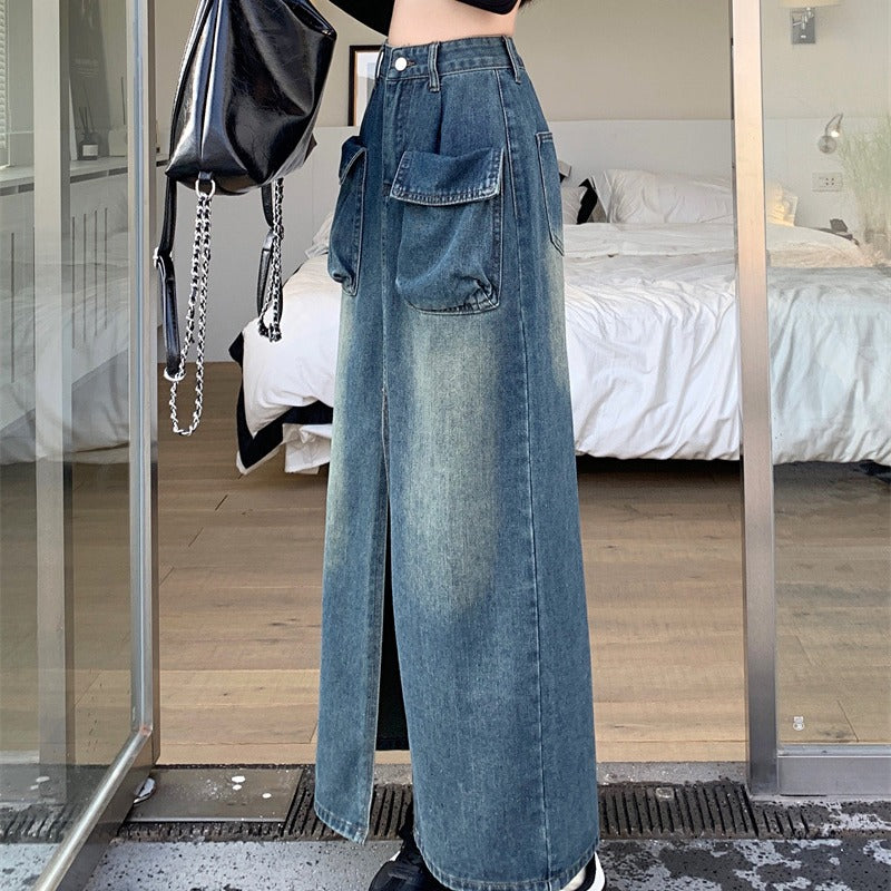 Kvinnens lange denimskjørt med praktiske lommer Skjora