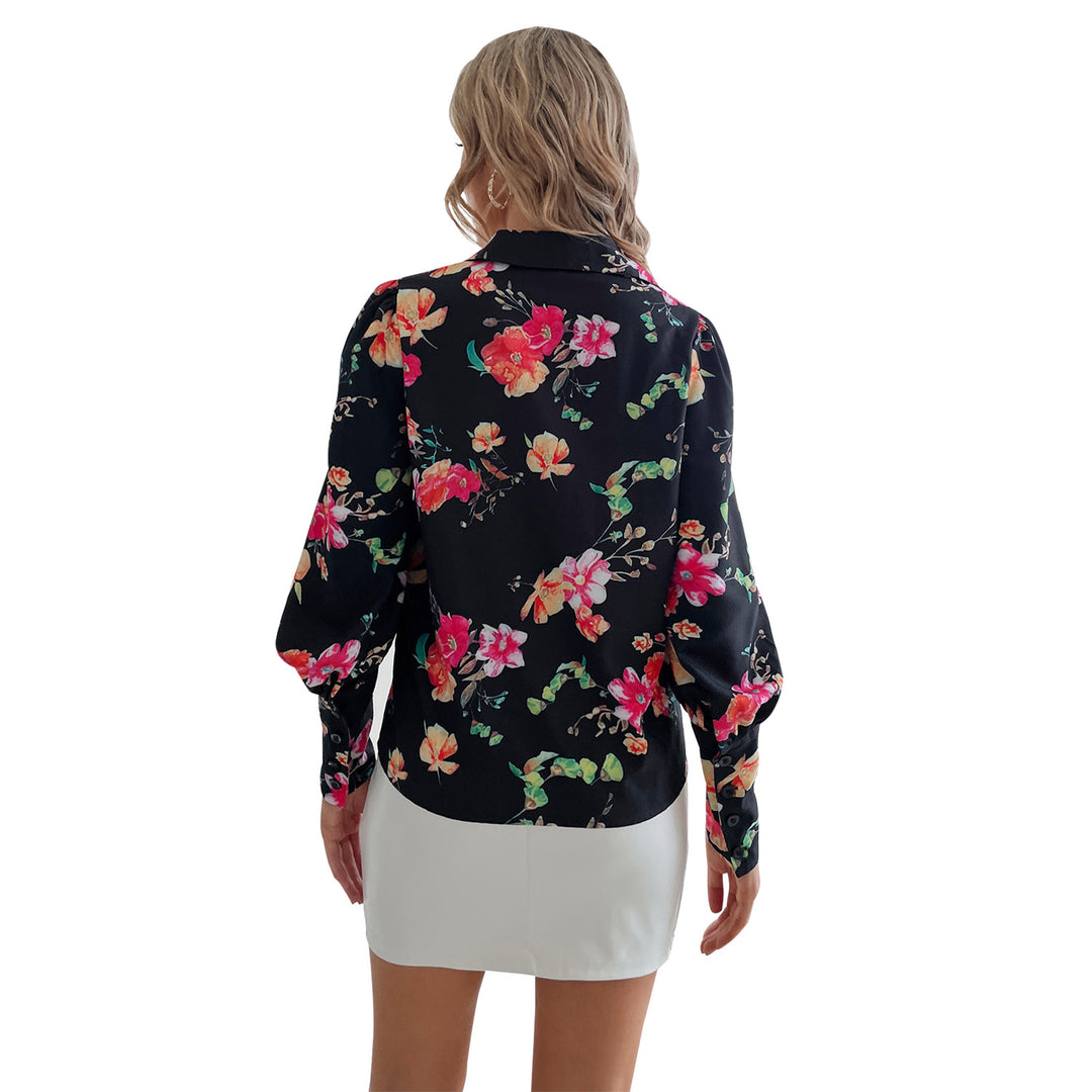 Dame elegant Bluse med florale mønstre og puffarmer Skjora