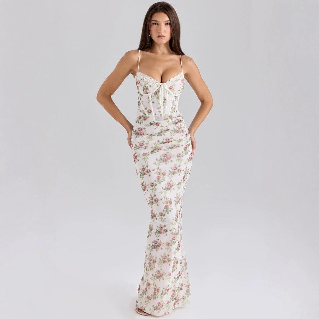 Damer Elegant Maxi Kjole med Blonde Korsett og Blomstertrykk Skjora