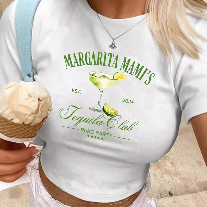Dame Crop-T-skjorte med kreativ cocktail-design Skjora