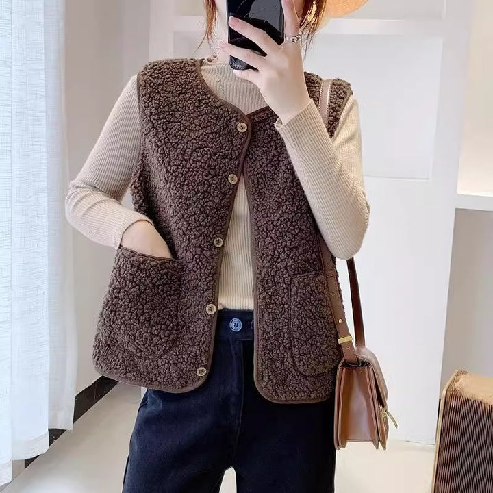 Damer teddy fleece vest med praktiske lommer og knaplukning Skjora