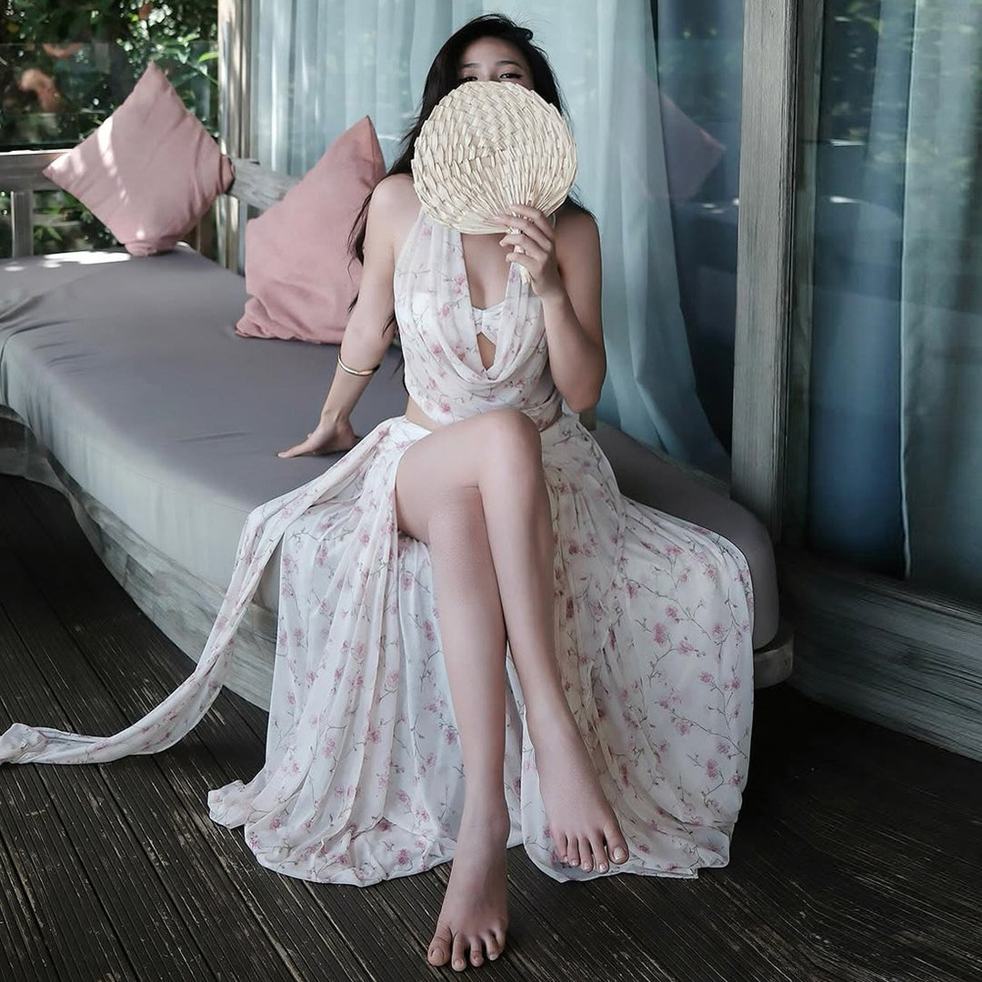 Dame Maxikjole med blomster draperingsdesign Skjora