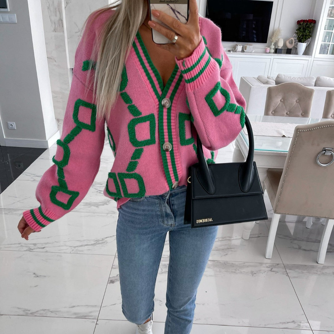 Damer Lekende Cardigan med Fargerikt Mønster og Knappe Detaljer Skjora