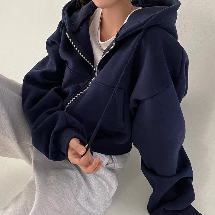 Kvinnelig Kuttet Hettegenser med Glidelås og Casual Stil