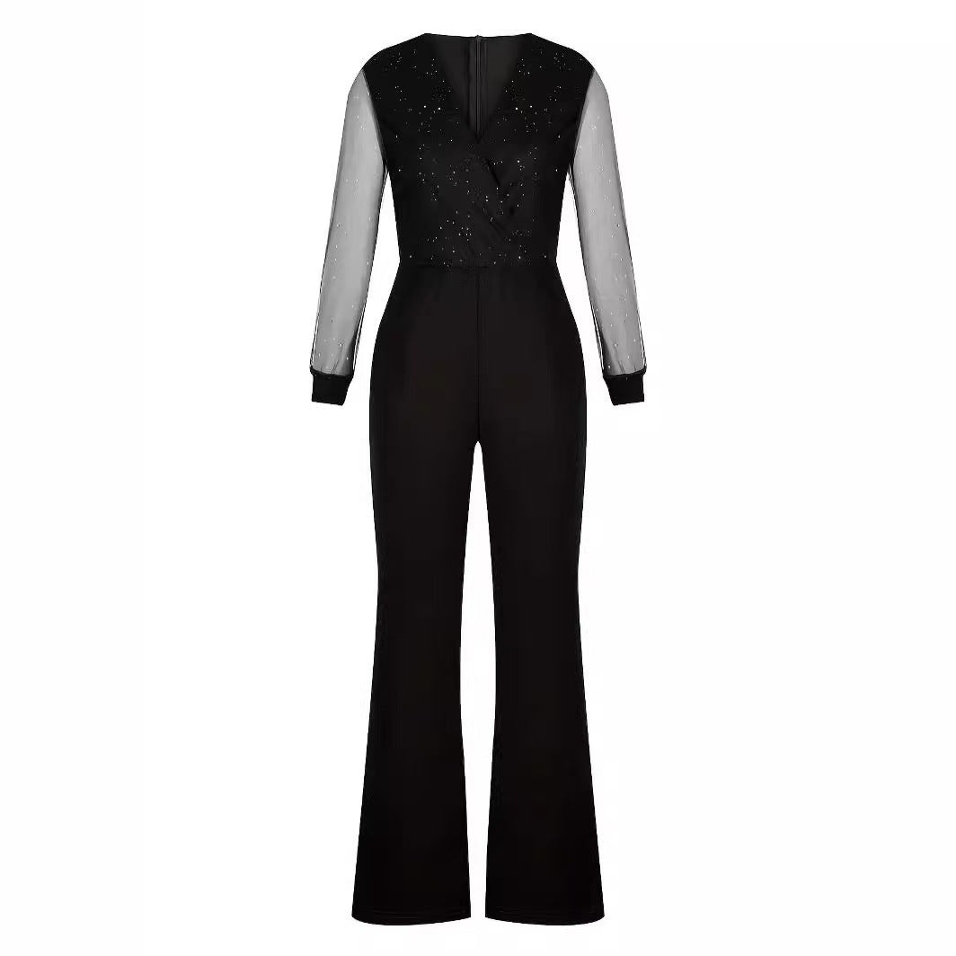 Damer Elegant Jumpsuit med gjennomsiktige ermer og gnistrende detaljer Skjora
