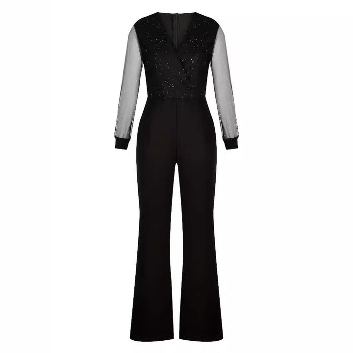 Damer Elegant Jumpsuit med gjennomsiktige ermer og gnistrende detaljer Skjora