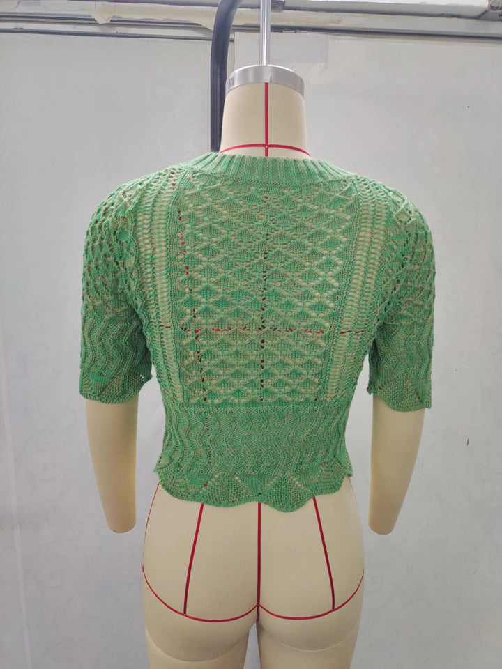 Dame Print Strikketopp med luftig nettstruktur og trendy crop-skjæring Skjora