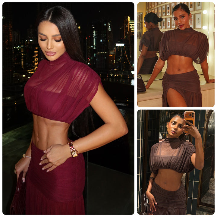 Kvinne crop top og maxi skjørt sett med transparente elementer