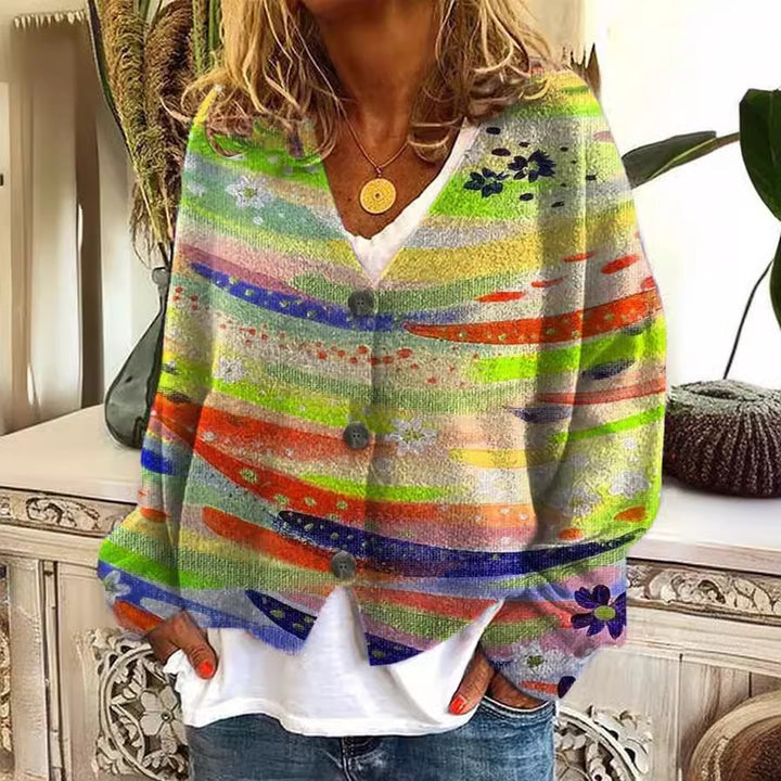 Kvinne uformell strikket cardigan med fargerike striper og knappedetaljer Skjora