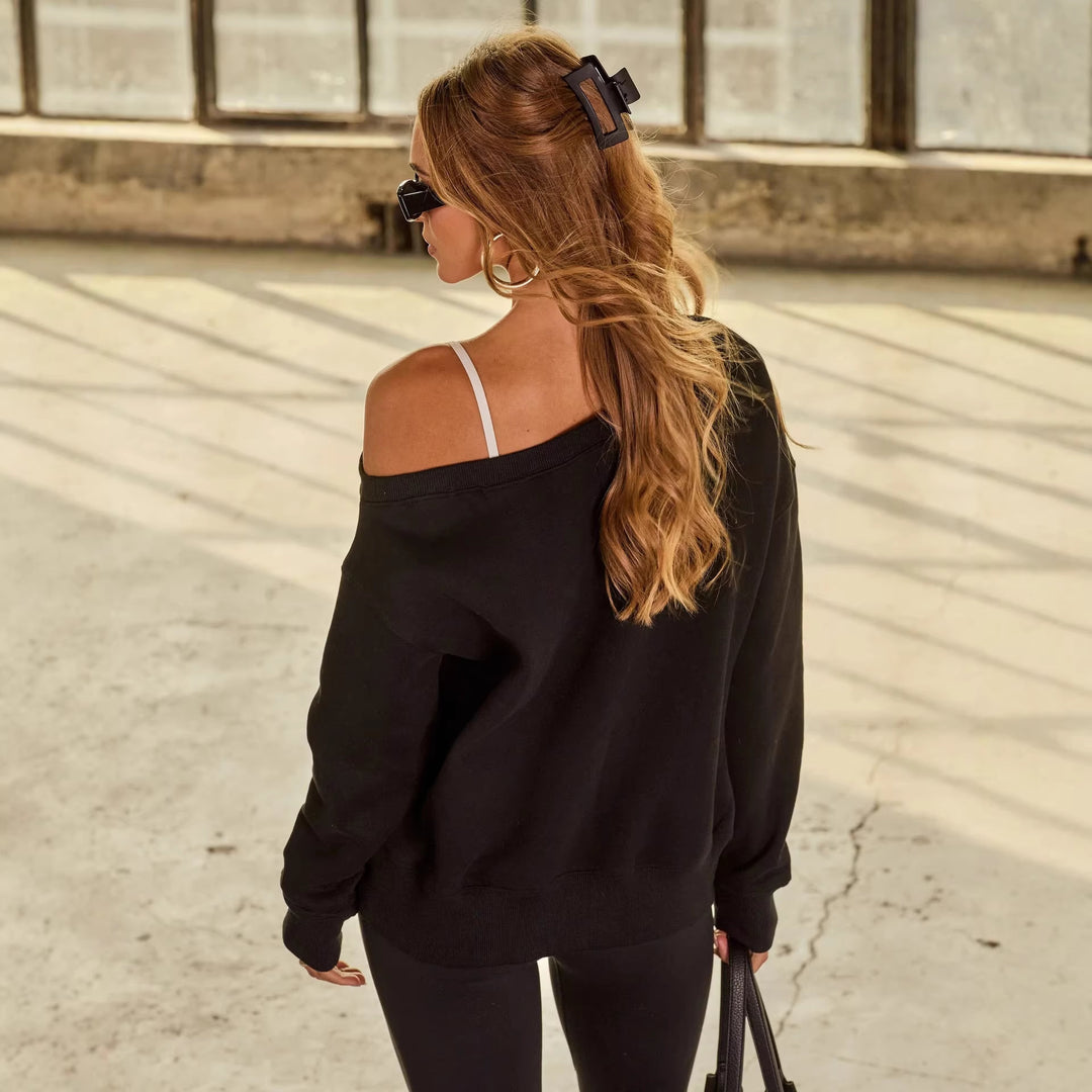 Dame Casual Off-Shoulder Genser med Bred Ermer og Motebaserte Detaljer Skjora
